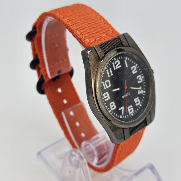 Men's Military Watch 36MM Black Dial New Orange Canvas Band Straps New Battery - Picture 3 of 11